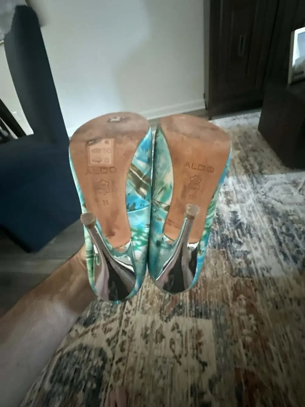 Aldo Blue and Green Patterned Peep Toe Stiletto Heels